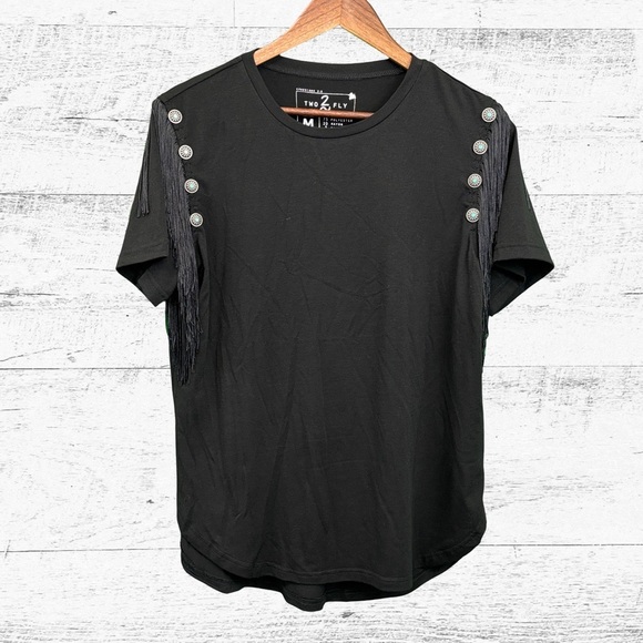 Black Short Sleeve Tee with Relaxed Fit and Decorative Shoulders - Picture 1 of 4